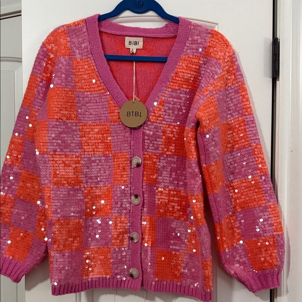 BiBi Vibrant Pink and Orange Sequin Cardigan